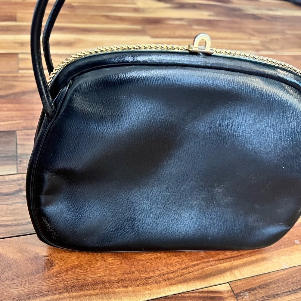 Vintage Black Leather Handbag Purse Retro Glam Party - Picture 3 of 10
